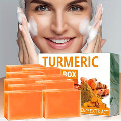 A nine-pack of orange turmeric soap bars displayed next to their branded packaging.