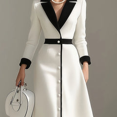 A white midi dress with black lapels, cuffs, and a waist band, featuring a button-down front.