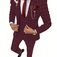 A man wears a slim-fit burgundy plaid three-piece suit with a patterned tie and pocket square.