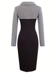 A long-sleeved pencil dress featuring a black skirt and a beige and black herringbone bodice.