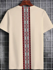Men's Ethnic Geometric Embroidery T-Shirt - Premium Fabric, Comfort Fit Round Neck, Machine Washable Casual Top for Casual Attire, T Shirt, Durable Fabric Shirt