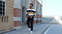 Men's Striped Color-Block Ribbed Knit Sweater - Long Sleeve Round Neck Pullover with Elastic Comfort Fit, Machine Washable Casual Fall Winter Top in Black/White/Green/Beige, Knit Sweater, Medium Elasticity