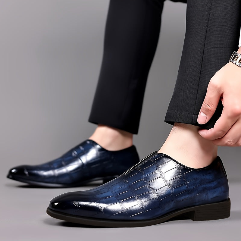 Men's Elegant Gradient Slip-On Loafers - Crocodile Texture, Low-Top Design with Rubber Sole for Comfort | Versatile Business & Casual Style | Brown, Square Toe, Glossy Finish, Side Zipper Detail, Business Casual Footwear | Gl SHOWLU FASHION STORE