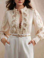 Women's Elegant Lace-Trimmed Semi-Sheer Long Sleeve Shirt - Stand Collar Button-Front Blouse with Puffed Shoulders, Machine Washable Lightweight Top for Spring Summer Fall, Versatile Casual to Formal Wear, Seasonal Wardrobe S