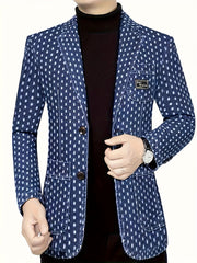 A men's blue denim blazer featuring a white polka dot pattern and a button-front closure.