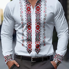 Men's Tribal Ethnic Print Long Sleeve Dress Shirt - 100% Polyester, Classic Collar & Button-Up Front, Machine Washable, Spring/Fall Casual to Formal Wear