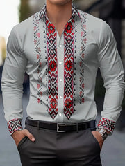 Men's Tribal Ethnic Print Long Sleeve Dress Shirt - 100% Polyester, Classic Collar & Button-Up Front, Machine Washable, Spring/Fall Casual to Formal Wear