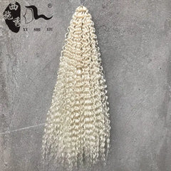 A bundle of long, platinum blonde deep wave crochet hair extensions with a tight, curly texture.