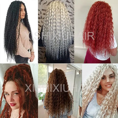 A collage showing various models wearing long, curly, goddess-style crochet hair extensions.