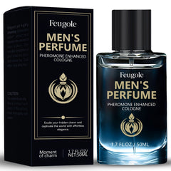 A bottle of Feugole pheromone cologne for men next to its black and gold packaging box.