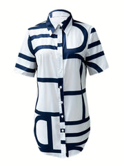 Women'S Geometric Print Short Sleeve Shirt, 100% Polyester, Woven Fabric, 105g/m², Lapel Collar, Button Front, All Seasons, Casual Shirting