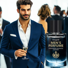 A bottle of Feugole pheromone cologne for men stands next to a man in a blue suit holding a glass.