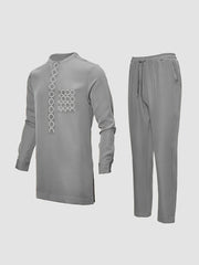2024 Autumn New, Dashiki Men'S Set, Long Sleeve Top, Chest Embroidery, Hidden Button, Pocket, Round Neck, Split Hem, Elastic Pants, African Clothing, Men'S Casual Shirt and Trousers 2pcs Set, Four Seasons New 1 Set, Street St