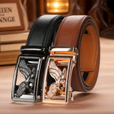 Two men's genuine leather belts in black and brown with eagle-head automatic ratchet buckles.