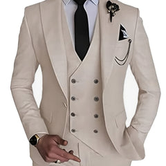 A slim-fit beige three-piece suit featuring a double-breasted vest, black tie, and pocket square.