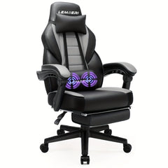 A black and gray ergonomic gaming chair with a headrest, lumbar support, and a retractable footrest.