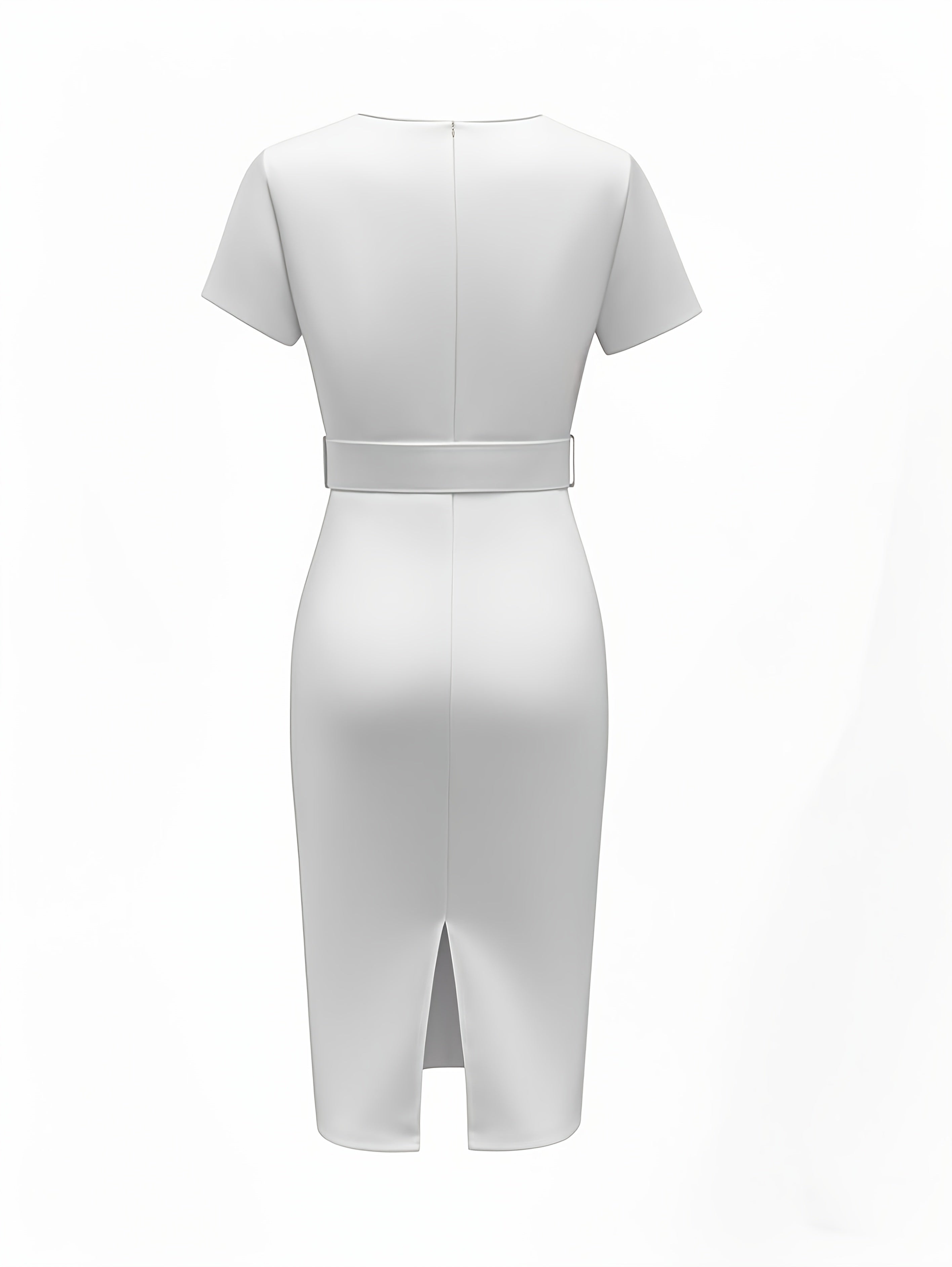 A back view of a white, short-sleeved, V-neck bodycon dress featuring a matching waist belt.