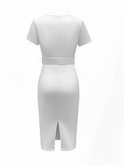 A back view of a white, short-sleeved, V-neck bodycon dress featuring a matching waist belt.