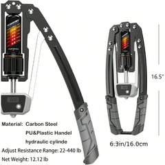 A black hydraulic chest expansion bar with adjustable resistance and a digital display.