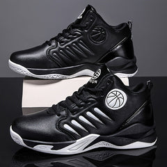 A pair of black high-top basketball shoes with white accents and a basketball emblem.