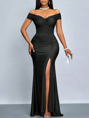Women's Off-the-Shoulder Bodycon Evening Dress - Solid Color with Side Slit, Machine Washable Lightweight Formal Party Dress for All Seasons, Allseason Attire, Elegant Design
