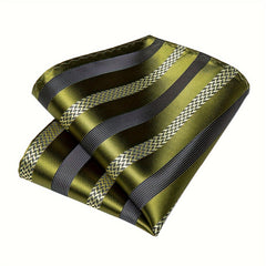 Men's Green Striped Silk Tie Set with Pocket Square, Hanky, and Cufflinks - Herringbone Pattern, Ideal for Weddings and Formal Events