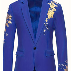 A royal blue men's suit jacket featuring gold floral embroidery on the shoulder and sleeve.