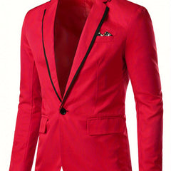 A vibrant red men's casual blazer featuring a black lapel trim, a single button closure, and a patterned pocket square.