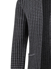 A slim-fit men's knit cardigan featuring a black and grey houndstooth pattern and long sleeves.