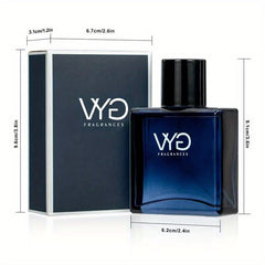 A blue glass cologne bottle stands next to its matching rectangular box with dimension labels.