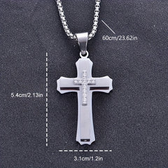 A stainless steel cross pendant necklace featuring a smaller, zircon-studded cross overlay.