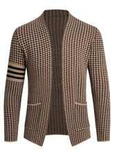A slim-fit tan and black houndstooth knit cardigan with three black stripes on the left sleeve.