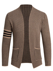 A slim-fit tan and black houndstooth knit cardigan with three black stripes on the left sleeve.