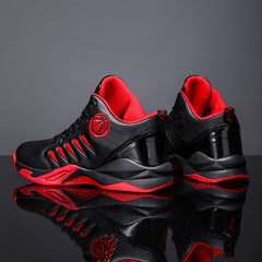 A pair of black and red high-top basketball shoes with a basketball emblem on the side.