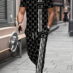 Zhiyu OBM Men's Summer Casual Sportswear 2pcs Set, Fashionable Round Neck Short Sleeve T-Shirt with Drawstring Pants