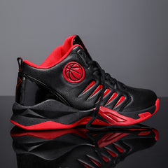 A black and red high-top basketball shoe with a basketball emblem on the side.