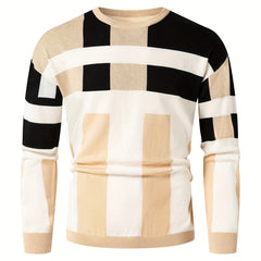 Men's Color Block Round Neck Sweater, Trendy Stretch Warm Pullover For Winter Outdoor