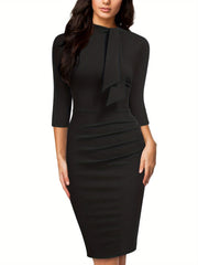 A black knee-length sheath dress with three-quarter sleeves and a tie-neck detail.