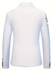 A back view of a white men's business suit jacket with a lapel collar and buttoned cuffs.