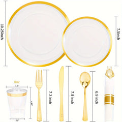 A gold-trimmed plastic dinnerware set featuring plates, cups, and wrapped gold cutlery.