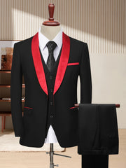 A black three-piece suit featuring a red shawl collar jacket, vest, and matching trousers.