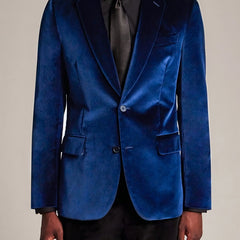 Men's Elegant Velvet Blazer - Royal Blue, Long Sleeve, Double-Breasted with Pockets, Notched Lapel, Perfect for Fall and Winter Formal Events SHOWLU FASHION STORE