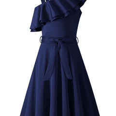 Girl's Sleeveless Polka Dot A-Line Dress with Ruffled One-Shoulder Design and Waist Bow - Black & White Summer Dress for Youngsters 5-12 Years