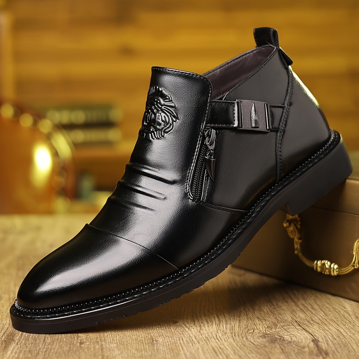 Men's Elegant Black Ankle Boots with Embossed Lion Design - Glossy Finish, Side Zipper & Buckle Straps, Durable PU Material - Perfect for Casual, Hiking & Outdoor Wear in All Seasons SHOWLU FASHION STORE