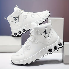 Sneakers, 1 Pair of Simple and Fashionable Mid-Top Basketball Shoes. Thickened Soft Shock Absorption, Wear-, Strong Grip PVC Sole. White/Black Solid Color PU Upper. Soft Breathable Lining. Suitable for All Seasons. Suitable f