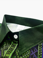 Men's Dark Green Ethnic-Style Long Sleeve Shirt with Colorful Geometric Print - Regular Fit Button-Up Casual Shirt, Machine Washable All-Season Top for Adults, Versatile Clothing, Exotic Design, Digital Print, Printed Blouse,