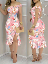 A pink floral print off-shoulder bodycon midi dress with a ruffled hem and side slit.