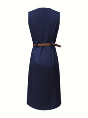 A navy blue sleeveless midi dress with a V-neck and a brown belt at the waist.