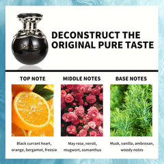 A black apple-shaped perfume bottle for women with a gold cap and floral and citrus scent notes.