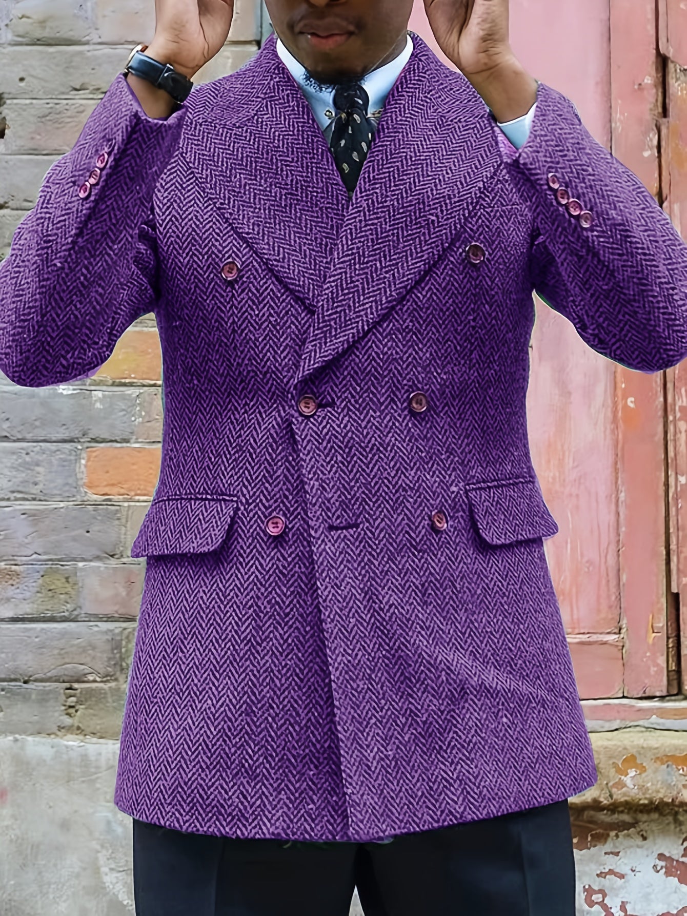 Retro Lapel Collar Herringbone Pattern Double-breasted Blazer SHOWLU FASHION STORE